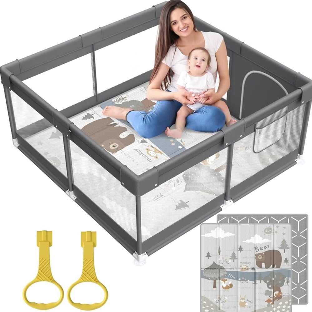 Gray Baby Playpen with Mat and Handles